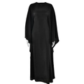 Elegant black satin maxi dress with wide batwing sleeves and minimalist round neck design - One Size / Black