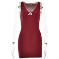 Abito corto attillato senza maniche bordeaux con scollo a V e dettaglio fiocco bianco - S / Borgogna