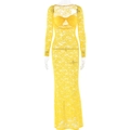 Vestido largo de encaje amarillo con manga larga y escote en V para eventos formales - S / Amarillo