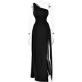 Elegantes schwarzes One-Shoulder-Maxikleid mit geraffter Taille und hohem Schlitz - M / Schwarz