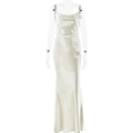 Elegante abito lungo in raso bianco champagne con scollo a cappuccio e silhouette sottile - S / Verde Pallido