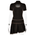 Sexy black two-piece set with lace trim short sleeve top and asymmetric mini skirt - S / Brown