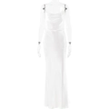 Robe longue élégante en satin blanc avec fines bretelles et décolleté bénitier drapé - S / Blanc