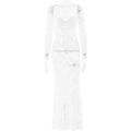 Elegante vestido largo de encaje blanco con manga larga y forro interior de flores - S / Blanco