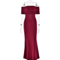 Elegante vestido largo ajustado color burdeos con hombros descubiertos y escote plisado - S / Burdeos