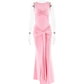 Robe longue rose sans manches avec détail de nœud et drapé élégant à volants - S / Rose