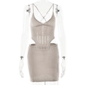Conjunto de 2 piezas de punto beige claro para mujer con top corto y minifalda - S / Caqui