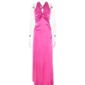 Détail d'une robe longue en satin rose fuchsia avec décolleté en V noué et dos nu licou - S / Rose rouge