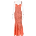 Slim fit coral lace maxi dress with spaghetti straps and a fish-tail silhouette - L / Orange