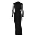 Elegantes schwarzes Maxikleid mit Raffung, hohem Kragen und Netz-Langärmeln - S / Schwarz