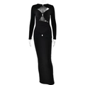 Vestido largo negro ajustado de manga larga con aberturas y detalle de hebilla brillante - L / Negro