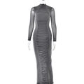 Deep grey bodycon maxi dress with ruched front and sheer mesh long sleeves - S / Gray
