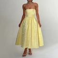 Elegant strapless yellow midi dress with floral jacquard texture and A-line silhouette - S / Yellow