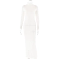 White ribbed knit maxi dress featuring long sleeves and high neck in slim fit style - S / White