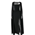 Elegante vestido largo negro con escote cuadrado, mangas de capa y abertura lateral alta - S / Negro