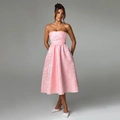 Elegant pink tube midi dress with 3D floral jacquard pattern and A-line silhouette - S / Pink