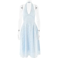 Elegante abito midi allacciato al collo azzurro con jacquard floreale e scollo a V - S / Celeste
