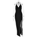 Elegant black halter neck maxi dress with deep V-neckline and high side slit detail - S / Black