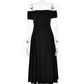 Elegante vestido midi negro con hombros descubiertos, corte entallado y silueta en A - S / Negro