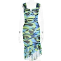 Vestido midi ajustado de mujer con cuello en V, estampado abstracto y volantes de malla - S / Multicolor