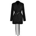 Chic black long-sleeve blazer jacket with triple waist belts and silver eyelet details - S / Black