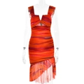 Women's orange and purple striped V-neck ruched dress with asymmetrical ruffled hem - S / Orange Red