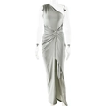 Robe de soirée élégante à une épaule, sans manches, gris argenté avec fente haute - S / Gris clair