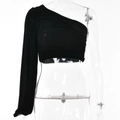 Slim fit black one-shoulder long sleeve crop top with stylish pleated texture design - L / Black