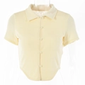 Women's light yellow cropped polo cardigan with double-layered fabric and curved hem - Khaki