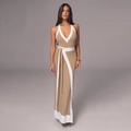 Women's sexy deep V-neck halter two-piece set with brown and white color-block maxi skirt - L / Khaki