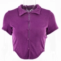 Retro slim fit purple velvet short sleeve shirt with turn-down collar and curved hem - S / Purple