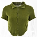 Slim fit army green short sleeve polo shirt with lapel collar and curved hem - S / Green