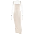 Slim fit cream white knitted maxi dress with square neck and backless lace-up detail - S / Khaki