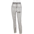 Chic silver fishnet trousers with rhinestones for party wear, sexy slim fit style - S / Gray