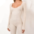 Sleek beige ribbed long sleeve bodysuit with U-neck and curved structural stitching - S / Long Sleeve / Khaki
