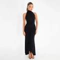 Detail der eleganten Raffung und des schimmernden Stoffes an diesem schwarzen Maxikleid - S / Schwarz