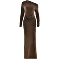 Dettaglio del tessuto scintillante marrone scuro con elegante nodo drappeggiato - S / Cachi