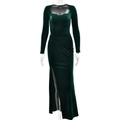 Elegant dark green velvet long sleeve maxi dress with square neckline and side slit - S / Green