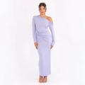 Elegante abito lungo lilla monospalla a maniche lunghe con dettagli arricciati in vita - S / Viola Chiaro
