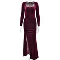 Elegante abito lungo in velluto bordeaux a maniche lunghe con scollo quadrato e spacco - M / Borgogna