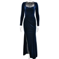 Elegant navy blue velvet long-sleeve maxi dress with square neck and waist twist knot - S / Navy Blue