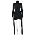 Robe moulante noire à col roulé et manches longues avec fronces et longs rubans à la taille - S / Noir