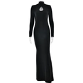 Elegante abito lungo nero a maniche lunghe con collo alto, apertura a goccia e a sirena - S / Nero