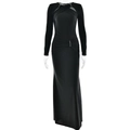 Elegante abito lungo nero a maniche lunghe con scollo a goccia e dettagli a catena argento - S / Nero