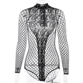 Body sexy nero in rete a maniche lunghe con collo alto e delicato motivo in pizzo - Taglia unica / Nero