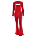 Sexy red long sleeve cutout jumpsuit with flared legs and slim fit bodysuit style - S / Red