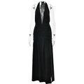 Elegante abito nero di paillettes con scollo a V, allacciatura al collo e spacco - L / Nero