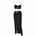 Sexy schwarzes 2-Teiler-Set mit verdrehtem Bandeau-Top und Maxirock mit hohem Schlitz - S / Schwarz