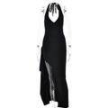 Elegantes schwarzes Neckholder-Maxikleid mit V-Ausschnitt und hohem Schlitz mit Volants - S / Schwarz