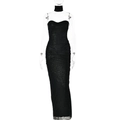 Elegante abito lungo nero a sirena senza spalline con glitter e girocollo incluso - S / Nero
